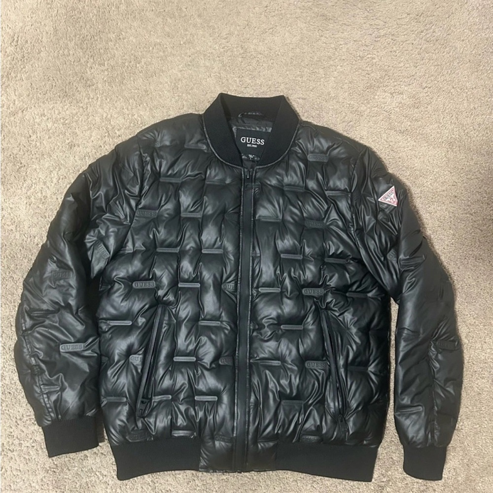 GUESS Men's Black Stamp Quilted Puffer Coat Full Zip Bomber Jacket Size L